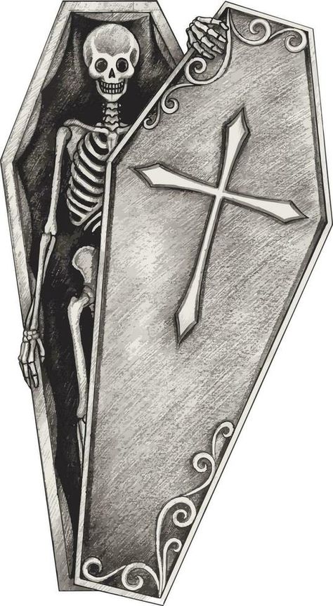 Surreal skull in coffin. Hand drawing and make graphic vector. Coffin Art Illustration, Coffin Painting Art, Coffins Drawings, Coffin Art Drawing, Coffin Drawings Simple, Person In Coffin, Coffin Reference, Gravestone Drawing, Coffin Outline