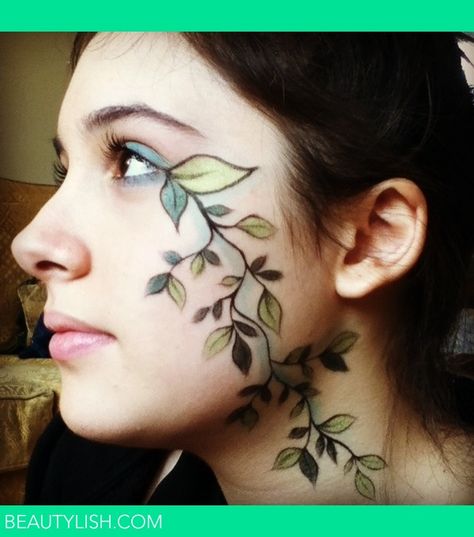 Leaf Makeup | Alize D.'s Photo | Beautylish Tree Makeup Halloween, Tree Face Makeup, Plant Themed Makeup, Forest Makeup Looks, Druid Makeup Elves, Poison Ivy Face Paint, Vine Face Paint, Forest Eye Makeup, Ivy Face Paint