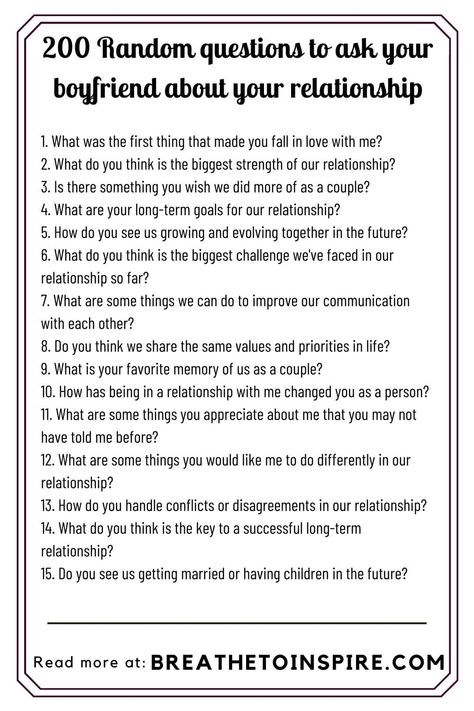 What Would You Do Questions To Ask Your Boyfriend, Cute Questions To Ask Him, Questions To Ask Your Boyfriend About Yourself, Ideas To Talk About With Your Boyfriend, Topics To Talk About With Your Boyfriend Long Distance, Deeptalk Questions Relationship, Tough Relationship Questions, 12 Questions To Ask Your Boyfriend, Long Term Relationship Questions