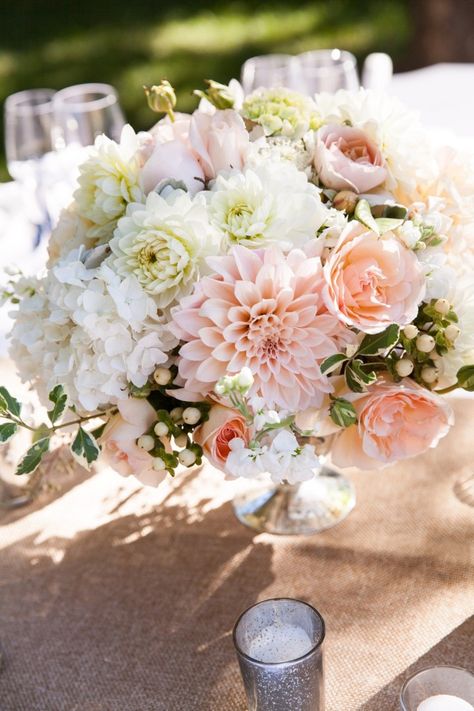 Featured Photographer: Elle Jae Photography Floral Tablecloths For Wedding, Blush Floral Arrangements, Natural Arrangements, Wedding Flowers Table, Dahlia Centerpiece, Wedding Flowers Gypsophila, Blush Wedding Centerpieces, Blush Centerpiece, White Wedding Centerpieces