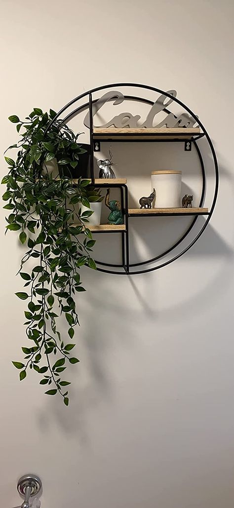 Circular Shelf Decor Living Room, Round Floating Shelf, Circular Metal Shelf, Black Round Shelf, Round Shelf In Bathroom, Circular Floating Shelves, Circular Wall Decor Ideas, Metal Circle Wall Decor, Circle Mirror Wall Decor Living Room