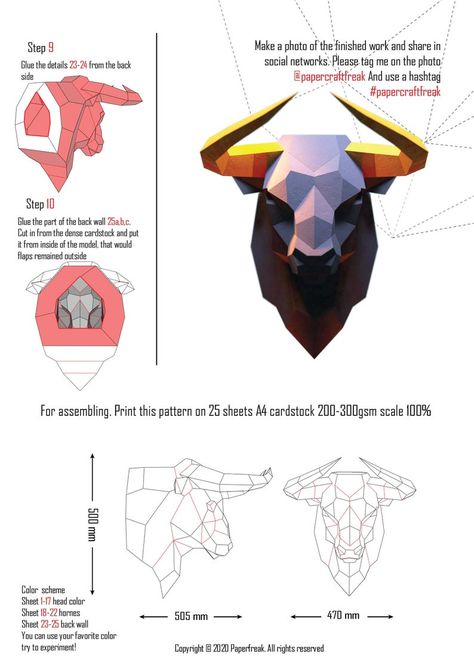 Papercraft 3D BIG BULL HEAD new Low Poly Paper Sculpture DIy | Etsy Bull Head Decor, Paper Sculpture Diy, Polygonal Art, Skull Template, 3d Metal Art, Sculpture Diy, Big Bull, Polygon Art, Pattern Template