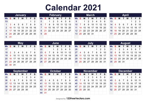 Gregorian Calendar 2021 Week Number Calendar With Week Numbers, Printable Yearly Calendar, Calendar Numbers, Calendar Vector, Printable Calendar Template, Calendar 2020, Printable Numbers, Blank Calendar, Monthly Calendar Printable