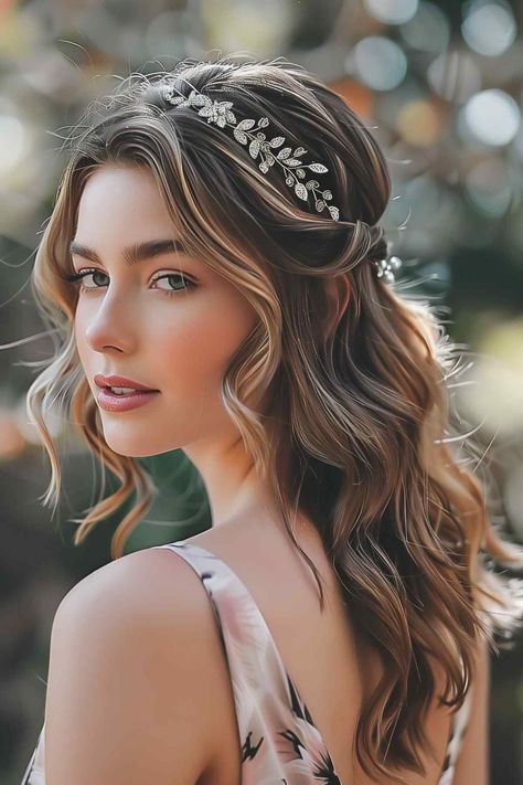 25 Best Wedding Hairstyle Ideas for Medium-Length Hair Bridal Medium Hairstyles, Romantic Wedding Hairstyles Half Up, Natural Wedding Hair Down, Half Up Half Down Wedding Hair With Headpiece, Hairstyle For Mid Hair, Bridal Hairstyles Down Medium Length, Wedding Hair Down With Tiara, Vintage Bridal Look, Bridal Hair Half Up Half Down Medium Length