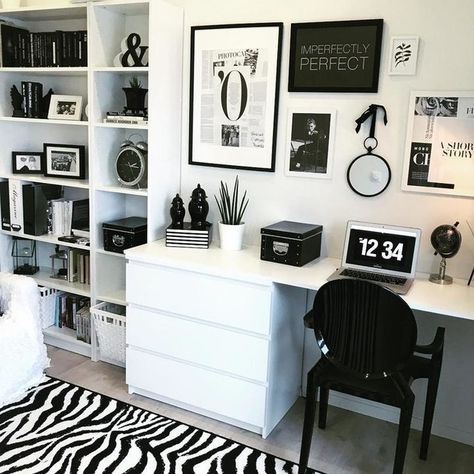 Black And White Room, Shallow Shelves, Zimmer Diy, Bookcase White, Small House Interior, Billy Bookcase, Dekorasi Kamar Tidur, Study Room Decor, Home Office Space