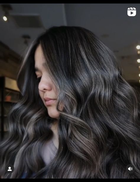 Black Hair Ashy Highlights, Dark Brown Hair With Beige Highlights, Brown On Brown Hair, Black Hair With Lowlights, Ashy Brown Hair, Dark Brown Hair Balayage, Ashy Hair, December Hair, Balayage Long Hair