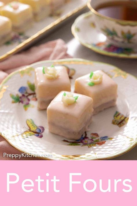 The perfect bite-sized treat, these Petit Fours are perfect for parties, weddings, tea time, and more! A soft cake with raspberry jam and buttercream layered in-between and topped with a white chocolate coating, these petit fours are so delightful! Petit Fours Recipe, Petit Four Recipes, Soft Cake, Afternoon Tea Recipes, Preppy Kitchen, Tea Party Food, Frozen Cake, Chocolate Coating, Raspberry Jam