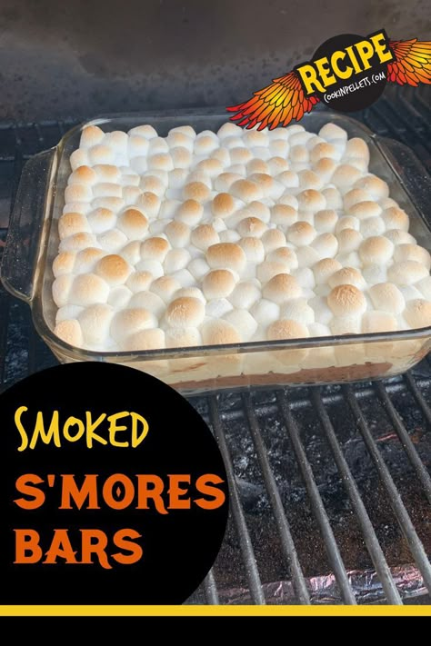 Are you looking for a quick and easy dessert recipe? Smoked S’mores Bars combine the delicious flavors of marshmallows, graham crackers, and chocolate with a hint of smokiness. The s’mores bars are baked on your pellet grill. The smoky flavor of the pellets kicks this dessert up a notch. This simple smoker recipe is perfect to serve as a weeknight dessert, or for cookouts or tailgating. Smoked Desserts, Smoker Recipes Electric, Traeger Cooking, Pellet Smoker Recipes, Peanut Butter Dessert Recipes, S Mores Bars, Grilled Desserts, Pellet Grill Recipes, Traeger Recipes