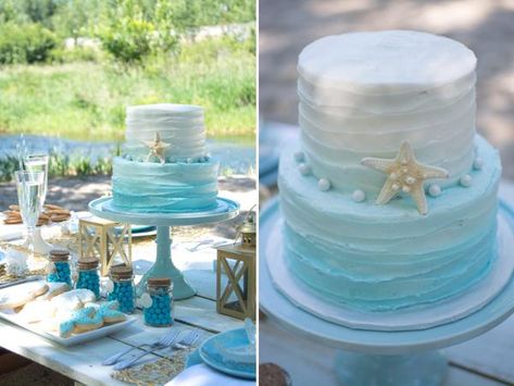 Beach Cupcakes, Beach Theme Wedding Cakes, Beach Wedding Decorations Reception, Wedding Cake Ombre, Big Wedding Cakes, Beach Bridal Showers, Beach Cakes, Blue Bridal Shower, Beach Wedding Cake