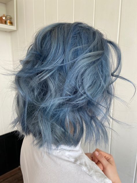 #bluehaircolor #aesthetic #bluehairstyles #blue Soft Blue Hair Color, Dull Blue Hair, Ice Blue Hair Short, Light Blue Dyed Hair, Muted Blue Hair, Light Blue Hair Aesthetic, Light Blue Short Hair, Metallic Blue Hair, Short Light Blue Hair