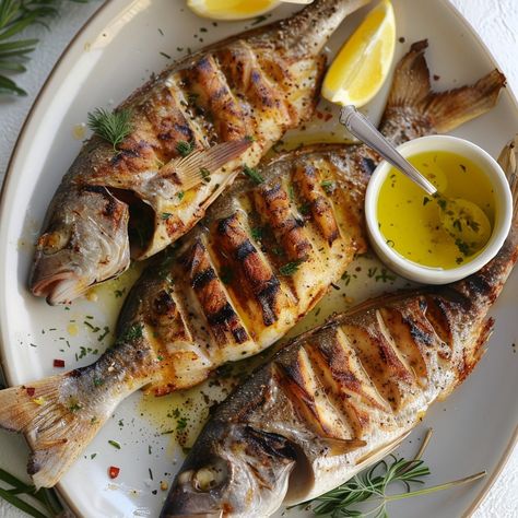 Grilled Sea Bream with Lemon and Herbs Ingredients: 3 whole sea breams, cleaned and scaled 2 lemons (one for the marinade, one for garnish) 3 tablespoons olive oil 2 garlic cloves, finely chopped Fresh herbs (such as parsley, thyme, rosemary), chopped Salt and pepper to taste Instructions: Prepare the Marinade: In a small bowl, mix the juice of one lemon, olive oil, chopped garlic, and chopped herbs. Season the marinade with salt and pepper to taste. Marinate the Fish: Score the sea breams... Olive Oil Marinade, Food From Different Countries, Sea Bream, Lemon Olive Oil, Chopped Garlic, Small Bowl, The Fish, Fresh Herbs, Thyme