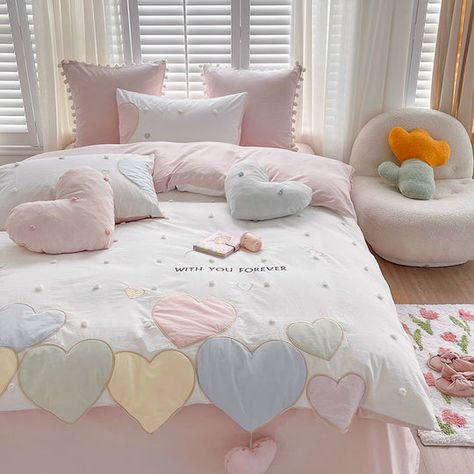 Embroidery Bedding, Senior Homecoming, Blue Bedding Sets, Mums Homecoming, Dekorasi Kamar Tidur, Pastel Room, Heart Embroidery, Cute Bedroom Decor, Cute Room Ideas