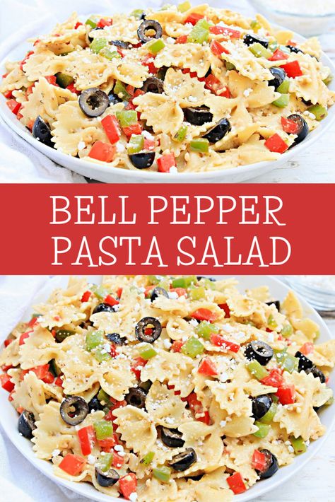 Bell Pepper Pasta Salad ~ Easy Greek-style pasta made with simple ingredients and ready to serve in 30 minutes or less! Red Pepper Pasta Salad, Pasta Salad Recipes With Peppers, Hot Pepper Salad Recipes, Pasta Salad With Green Peppers, Pasta Salad With Bell Peppers, Bell Pepper Pasta Salad, Pasta Salad With Peppers, Pepper Pasta Salad, Bell Pepper Pasta