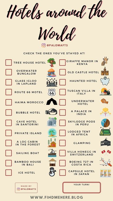 Use this travel bucket list checklist template to track where you have been and where you want to go! Add these activities to your Adventure Travel Bucket List and share it with your friends ! #traveltemplate #travelchecklist #bucketlist #hotels Bucket List Hotels, Hotels Around The World, Travel Wishlist, Travel Checklist, Bucket List Destinations, Dream Travel Destinations, Travel List, Travel Board, Future Travel