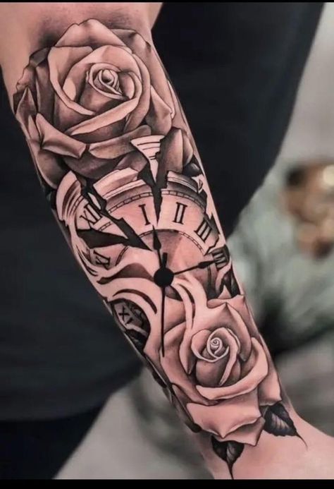 Clock And Rose Tattoo, Tattoos Infinity, Rose Tattoos For Men, Forarm Tattoos, Cool Arm Tattoos, Cool Forearm Tattoos, Hip Tattoos Women, Half Sleeve Tattoos For Guys, Forearm Tattoo Women