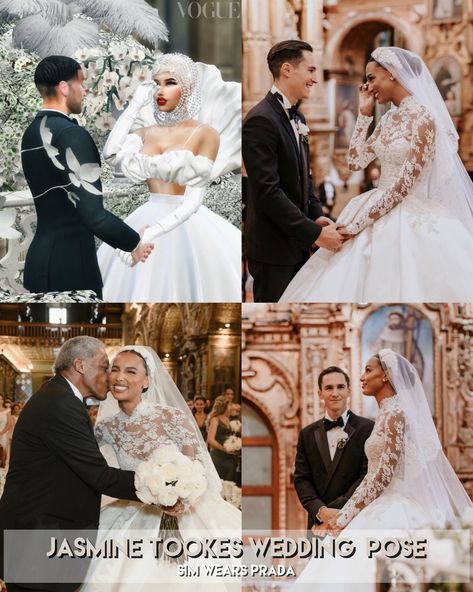 Sims 4 Wedding Patreon, Jasmine Tookes Wedding, Sims 4 Wedding Poses, Couple Poses Sims 4, Poses Sims 4, Sims Poses, Bridal Party Poses, Black And White Wedding Theme, Cc Furniture