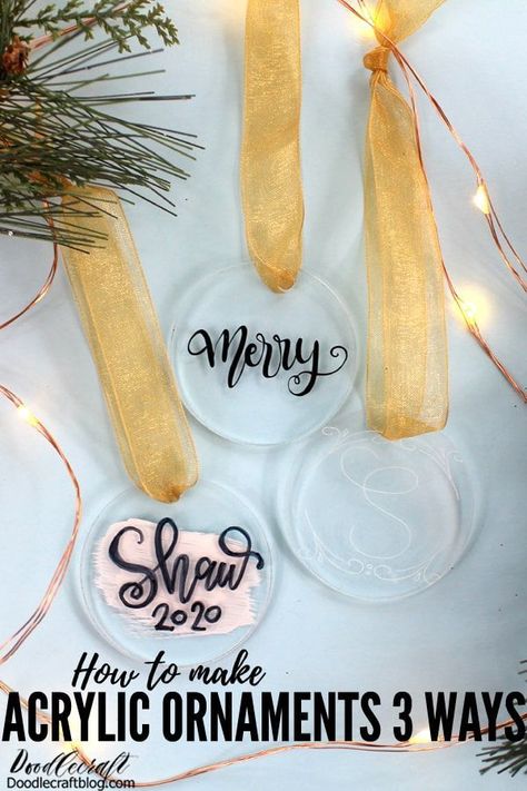 How to Make Acrylic Ornaments 3 Ways! Hey friends, I've just discovered acrylic blanks and I love them. Let me show you three ways to create an acrylic ornament. Which ornament is your favorite?… More Permanent Vinyl Projects, Pillow Cover Ideas, Crochet Christmas Blanket, Cricut 3, Cricut Ornaments, Vinyl Ornaments, Crafting Party, Glowforge Ideas, Glowforge Projects