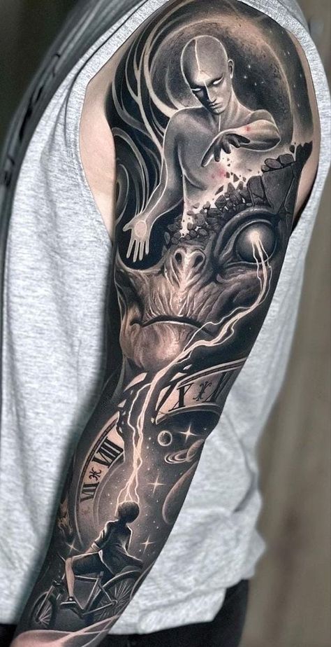 Alien Tattoo Sleeve, Tattoo With Clock, Alien Tattoo Design, Alien Tattoos, Buddha Tattoo Sleeve, Cosmic Tattoo, Egyptian Tattoo Sleeve, Full Sleeve Tattoo Design, Forearm Sleeve Tattoos