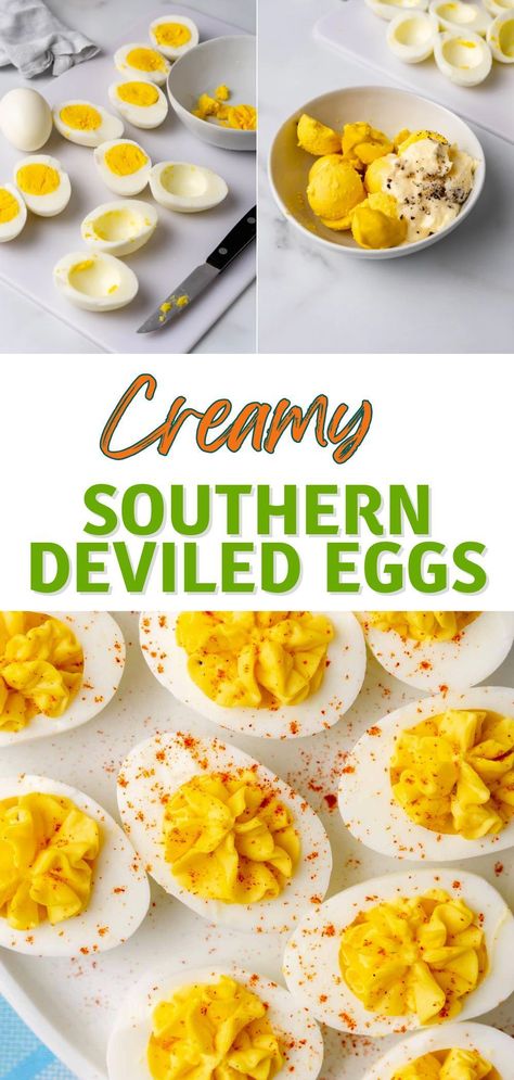 Creamy Southern Deviled Eggs are a beloved favorite and an absolute must-have for any holiday celebration. This easy, fuss-free recipe makes these creamy deviled eggs the ultimate finger food for parties and family get-togethers Food For Thanksgiving, Creamy Deviled Eggs, Food For Parties, Southern Deviled Eggs, Deviled Egg Recipe, Dude Food, Devilled Eggs Recipe Best, Peeling Hard Boiled Eggs, Bacon Deviled Eggs