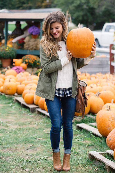 fall outfit, olive green military jacket, cable knit sweater with gingham shirt underneath, layered sweater and gingham button up shirt, rolled up jeans and booties, jeans and booties, utility jacket outfit, cognac ankle booties, monogram necklace, chloe ran bag, cute fall casual outfit Olive Green Ankle Boots Outfit, Green Ankle Boots Outfit, Plaid Outfits For Women, Olive Green Ankle Boots, Utility Jacket Outfit, Ankle Boots Outfit, Fall Outfits 2017, Green Ankle Boots, Rolled Up Jeans