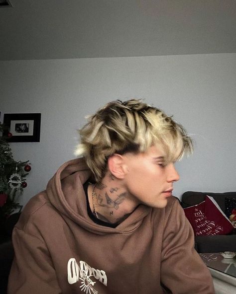 Mens Bleached Hairstyles, Black Roots Blonde Hair Men, Mullet With Highlights Men, Mens Bleached Hair Dark Roots, Hair Color Ideas For Men Highlights, Blond Highlights Men, Dyed Hair Inspiration Men, Black Hair With Blonde Highlights Men, Blonde And Black Hair Men