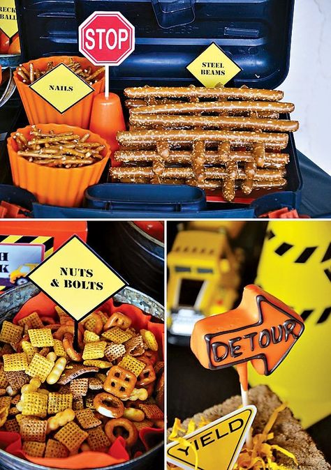 Construction Birthday Party Food Snacks, Bunnings Birthday, Construction Snacks, Construction Party Ideas, Construction Birthday Party Food, Food Display Table, Construction Theme Birthday Party, Construction Theme Party, Construction Birthday Parties