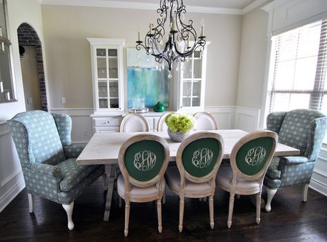 Embroidered & Monogrammed Dining Chairs Monogram Chair, Desk Chair Diy, Food Room, Restoration Hardware Style, Louis Chairs, Diy Interior Decor, Monogram Ideas, House Of Turquoise, Room Partition