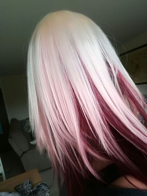 Pink Hair With Red Underneath, Cute Ways To Dye Your Hair Blonde, White To Red Hair, White Hair Red Streaks, Red And Blonde Underneath Hair, Blonde With Dyed Tips, Red Hair With White Underneath, White Hair Red Highlights, Deep Red And Blonde Hair Color