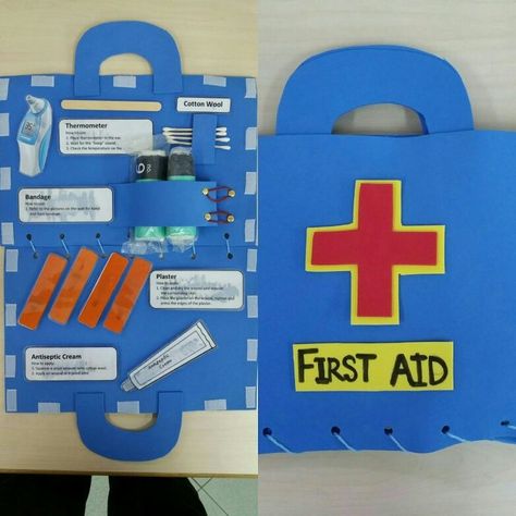 First Aid Kids Activities, Staying Safe Preschool Activities, First Aid Activities For Kids, First Aid Project, First Aid Kit Diy, Teaching Safety, Diy First Aid Kit, First Aid For Kids, Camping First Aid Kit