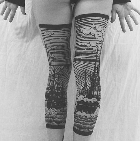 Stunning Diptych Tattoos Form Landscapes Across the Backs of Legs - My Modern Met 2spirit Tattoo, Tattoo Bein Frau, Tower Tattoo, Back Of Leg Tattoos, Engraving Tattoo, Taurus Tattoos, Aesthetic Tattoos For Men, Skeleton Hand Tattoo, Aesthetic Tattoos