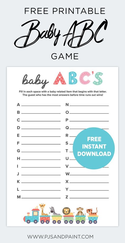 Free printable baby shower games. Download fun printable baby shower games. Baby ABC game, baby word scramble, baby shower bingo, wishes for baby cards, advice for mommy to be cards, diaper raffle cards. Free instant download baby shower games. Quick Baby Shower Games Free Printable, Baby Shower Abc Game, Baby Shower Games Free Downloads, Baby Shower Word Scramble Printable Free, Abc Baby Shower Game, Baby Abc Game, Abc Game, Easy Baby Shower Games, Free Printable Baby Shower Games