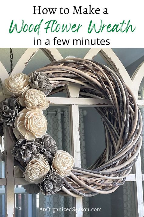 A gray and white willow wreath decorated with gray and white wood flowers. Wood Flowers Diy, Wood Flower Arrangements, Wood Flower Wreath, Homestead Crafts, Dried Flowers Crafts, Diy Floral Wreath, Flower Projects, Wood Wreath, Crafts Gift Ideas