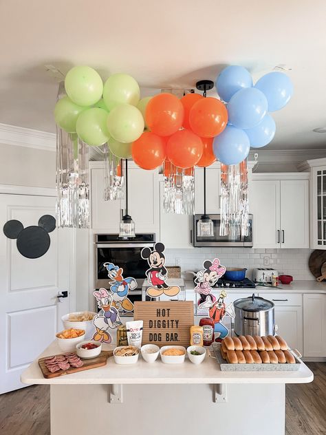 Mickey Birthday Party Activities, Mickey Hot Dog Bar, Disney Birthday Food Ideas, Mickeys Club House Birthday Party, Mickey Mouse Fun House Party, Disney Main Street Birthday Party, Time Two Party Birthday, Two Mickey Mouse Birthday, Third Birthday Disney Theme