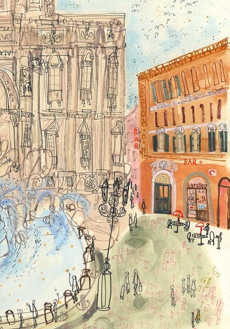 Fountain Sketch, Rome Fountain, Rome Watercolor, Clare Caulfield, Rome Painting, Rome Print, Rome Art Print, Trevi Fountain Rome, Beautiful Digital Art