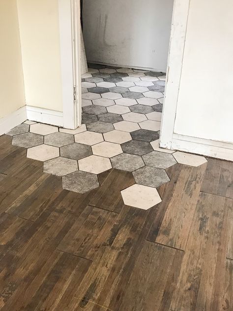 Hexagon Tile Meets Wood Floor, Tile To Hardwood Transition, Hardwood Transition, Tile To Wood Transition, Hexagon Diy, Hexagon Tile Pattern, Flooring Pattern, Transition Flooring, Wood Floor Bathroom