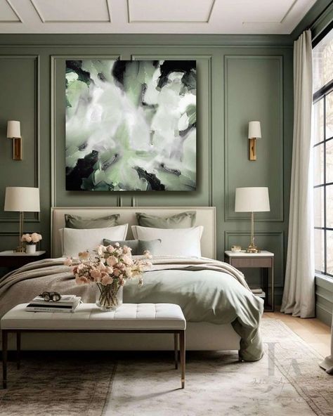 Modern Bedroom Boho, Bedroom Boho Decor, Diningroom Ideas, Sage Bedroom, Green Bedrooms, Sage Green Wall Art, Bedroom 2024, Sage Green Wall, Bedroom Colour