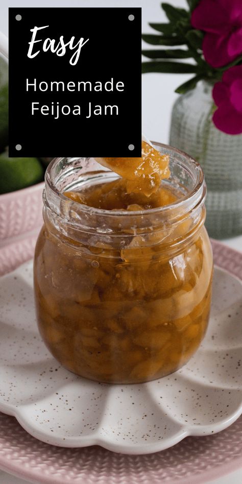 This easy recipe for Feijoa Jam is made with sweet, aromatic fruit at the peak of their growing season. This is a must-try jam that captures the tropical flavours of this special fruit. To make this jam, you will use only four ingredients: fresh feijoas, sugar, lemon juice, and a small amount of filtered water. This easy jam is made without the addition of pectin. Feijoa Jam Recipe, Feijoa Recipes, Easy Jam, How To Make Jam, Filtered Water, Homemade Jam, Jam Recipes, The Peak, Low Sugar