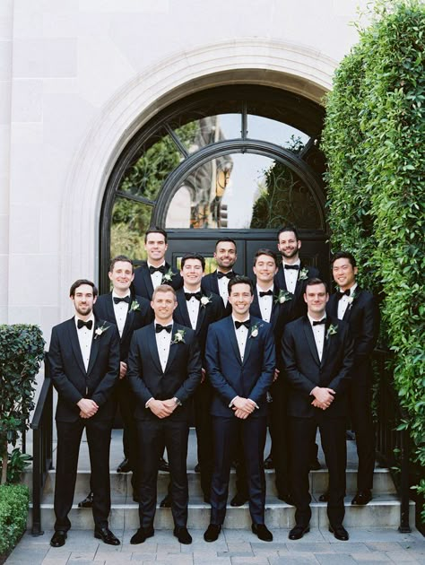 Formal Wedding Groomsmen, Bride And Groom In White Wedding Party In Black, Mismatched Bridesmaid Dresses And Groomsmen, Navy Groomsmen Suits, Vibiana Wedding, Wedding Cathedral, Navy Groomsmen, Wedding Jewish, Weddings Outdoor