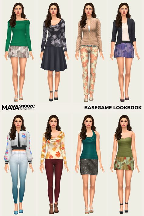 #MAYAsnooze ***Basegame outfits / NOCC / MOD-FREE.  *** CC Hair by #SimsTrouble. Sims Everyday Outfits, Base Game Sims, Sims 4 Base Game Outfits Ideas, Cc Face, Sims4 Lookbook, Cc Lookbook, Sims Lookbook, Sims Outfits, Sims 4 Challenges