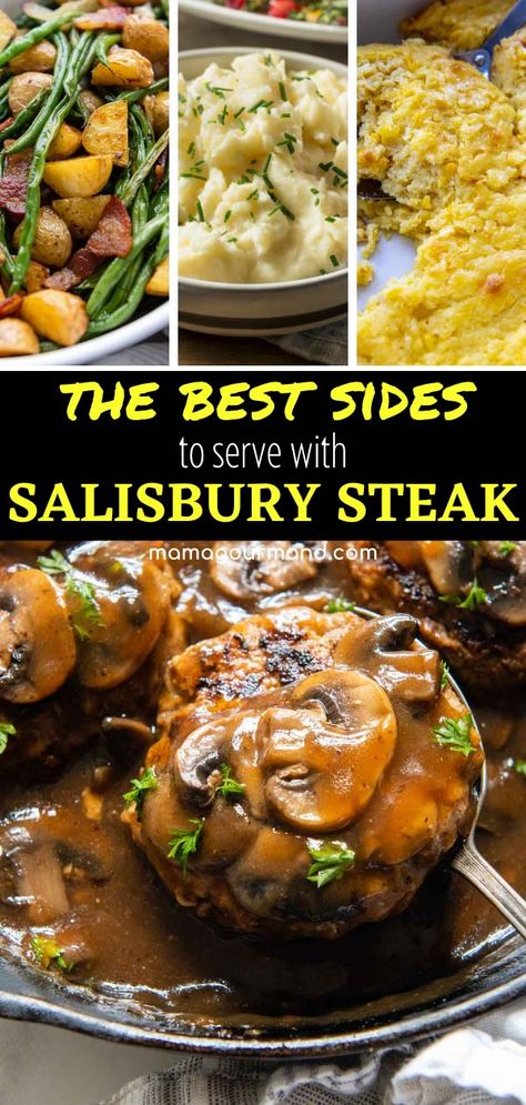 If you are wondering what to serve with salisbury steak, find the best sides, even dishes besides mashed potatoes! Discover what type of vegetables, breads, salads and more goes with salisbury steak, along with what to do with leftovers! Salisbury Steak Sides Dishes, Salisbury Steak Dinner, Side Dishes For Cube Steak, Hamburger Steak Sides Dishes, Sides For Hamburger Steak, Salsbury Steak Sides Dinners, Meatball Side Dishes, Mamagourmand Recipes, Hamburger Side Dishes