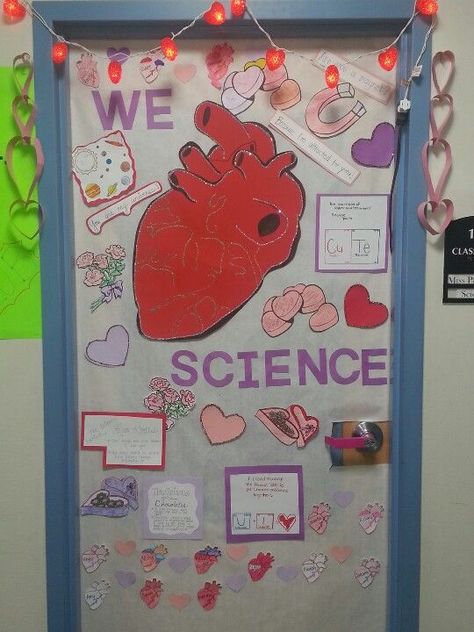 Valentine's and Science themed door decorations Door Decorations Classroom Christmas Science, Science Classroom Decorations Highschool, Themed Door Decorations, Biology Classroom Decorations, Science Door Decorations, Highschool Classroom, Highschool Teacher, Biology Ideas, Science Bulletin Boards