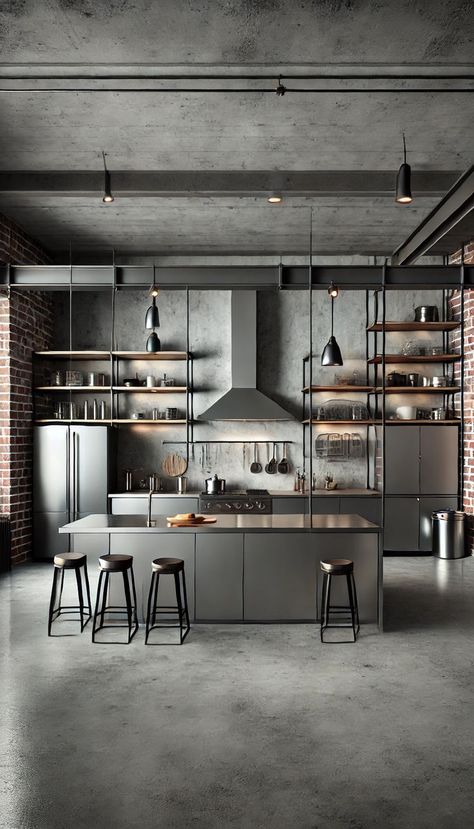 A minimalist industrial-style kitchen with exposed brick walls, stainless steel countertops, and open shelving. The kitchen features industrial-style lighting, a central island with barstools, and metal accents throughout. The color palette is dominated by shades of gray, black, and metallics, creating a sleek and edgy atmosphere perfect for urban living. Industrial Kitchen Design Stainless Steel, Steel Countertops, Industrial Kitchen Design, Stainless Steel Countertops, Industrial Style Lighting, Exposed Brick Walls, Brick Walls, Industrial Kitchen, Urban Living