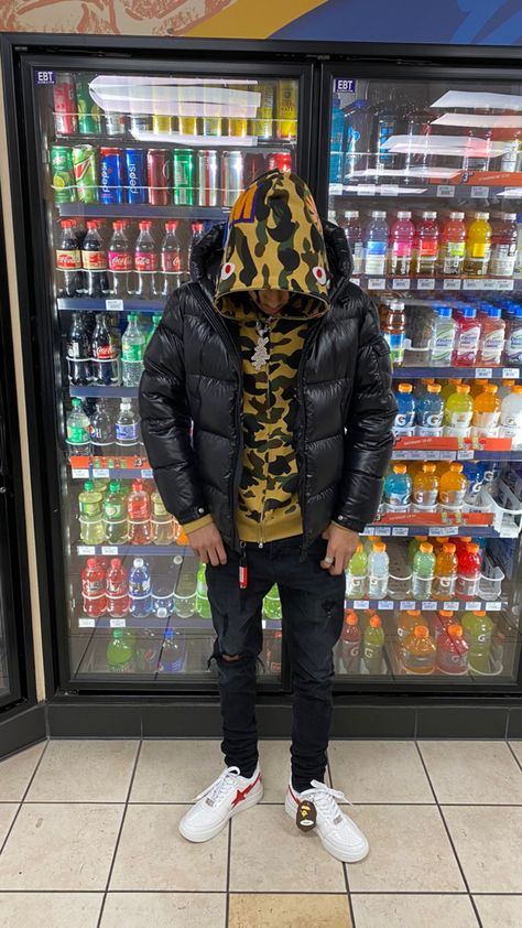 Bape Hoodie Outfit Men, Black Men Street Fashion Winter, Bape Hoodie Outfit, Hoodie Outfit Men, Black Outfit Men, Bape Hoodie, Rapper Outfits, Drip Outfit Men, Black Men Fashion Swag