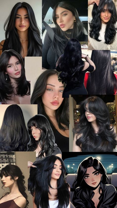 Black hair Cool Brown Black Hair, Long Dark Black Hair, Obsidian Brunette, Black Hair With Colored Bangs, Black Hair With Bangs And Layers, Black Coloured Hair, Black Hair Baddie, Dark Feminine Hairstyles, Soft Black Hair Color