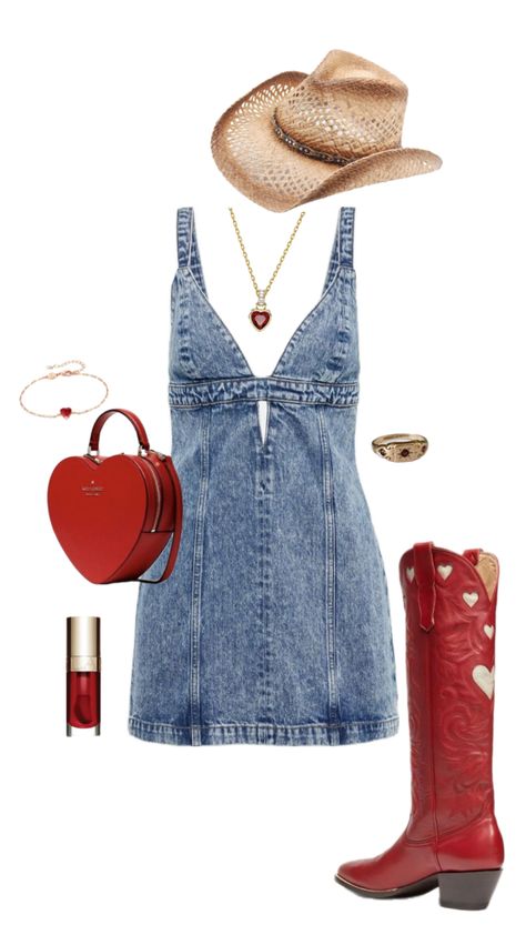 Country chic #red #outfitinspo #beauty #country #boho #vibes #denim #cute #fit #ootd #vintage #aesthetic #boots Red Out Outfits Football, Country Concert Outfit Red Boots, Country Outfits Concert, Country Concert Denim Dress, Aesthetic Country Concert Outfits, 90s Country Outfit Women, Country Outfits Women Concert, Country Boho Outfit, Chic Cowgirl Outfits