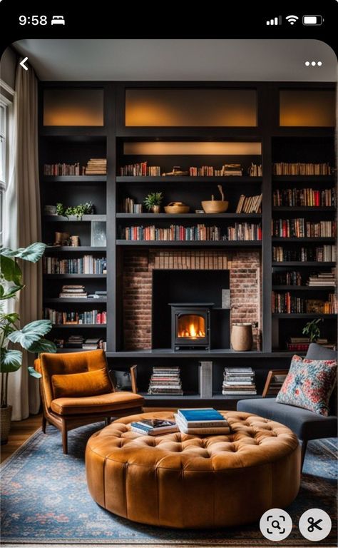 Classic Bookshelves, Popular Home Decor, Wooden Cross, Cozy Reading Nook, Leather Ottoman, Bookshelves, Fireplace, Reading, Living Room