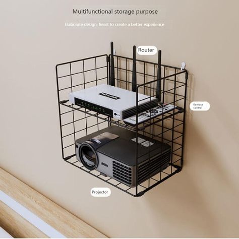 Rebrilliant Perforation-Free Wall-Mounted Wall Wifi Router SET-Top Box Storage Rack Projector Storage Rack 2 | Wayfair Modern Remote Control Storage, Wifi Box Storage, Wifi Router Wall Mount, Cute Projector Set Up, Decorating Small Townhouse, Wall Projector Ideas Bedroom, Home Projector Setup, Diy Projector Mount, Tiny Apartment Hacks