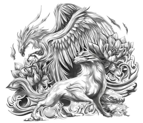 Wolf And Phoenix Tattoo, Phoenix Tattoo Meaning, Tato Phoenix, Wolf Tattoo Meaning, Shen Long Tattoo, Tatoo 3d, Phoenix Tattoo Feminine, Tattoo Painting, Phoenix Tattoo Design