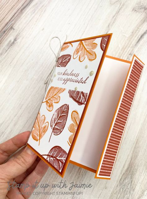 Stampin' Up! Caring Leaves Fun Fold Card Stampin Up Thanksgiving Card, Stampin Up Vintage Leaves, Gather Together Stampin Up Cards, Stampin Up Caring Leaves Cards, Stampin Up Iconic Imagery Cards, Stampin Up Caring Leaves, Caring Leaves Stampin Up Cards, Su Fun Fold Cards, Stampin Up Season Of Elegance