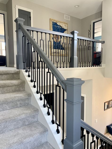 Black iron staircase and spindles, Sherwin Williams Repose Gray paint Staircase Balcony, Gray Railings For Stairs, Railings Indoor, Trendy Flooring Ideas 2022, Black Iron Spindles Staircase, Iron Railings Indoor Staircases, Gray Stair Railing, Staircase Paint Ideas, Iron Spindles On Stairs